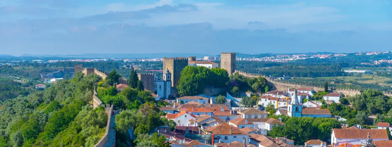 Malerische portugiesische Landschaft mit einer mittelalterlichen Burg und Stadtmauern, die sich über grüne Hügel erstrecken. Weiße Häuser mit Ziegeldächern und ein Kirchturm sind sichtbar.
