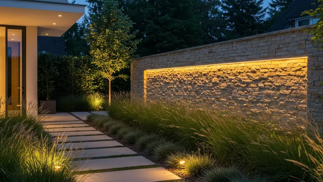 Allée de dalles éclairée par des spots au sol, bordée d'herbes hautes et d'un mur de pierre illuminé par une lumière 4000k couleur.