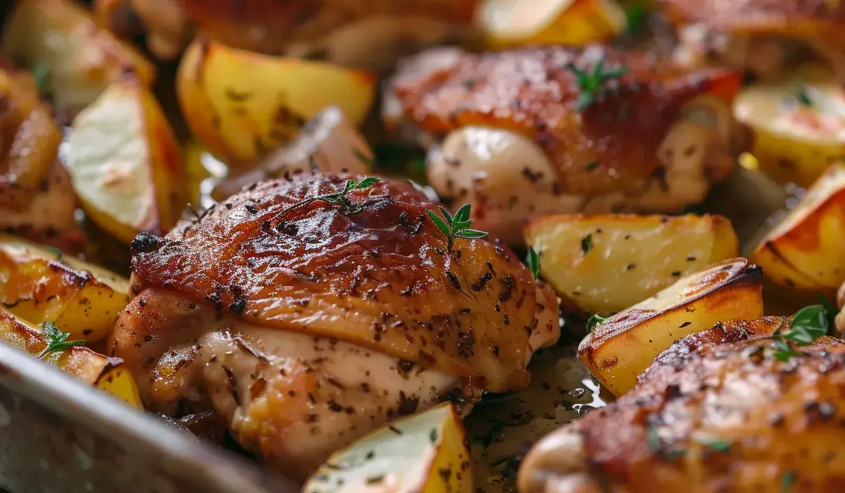 Ugnsbakad kyckling innerfilé med klyftpotatis, perfekt tillagad vid rätt temperatur.