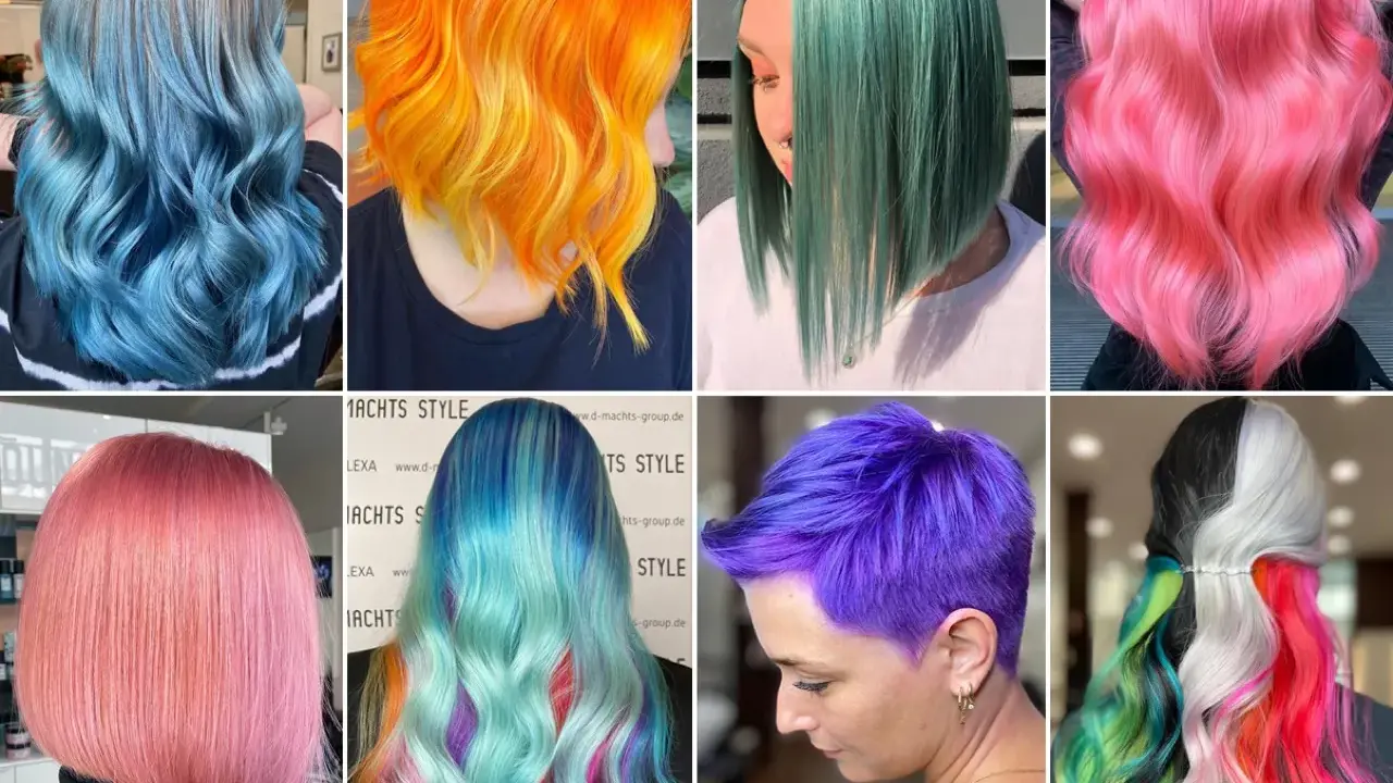 A collage of eight women with vibrant, bunte Haare in shades of blue, orange, green, pink, purple, and rainbow colors.