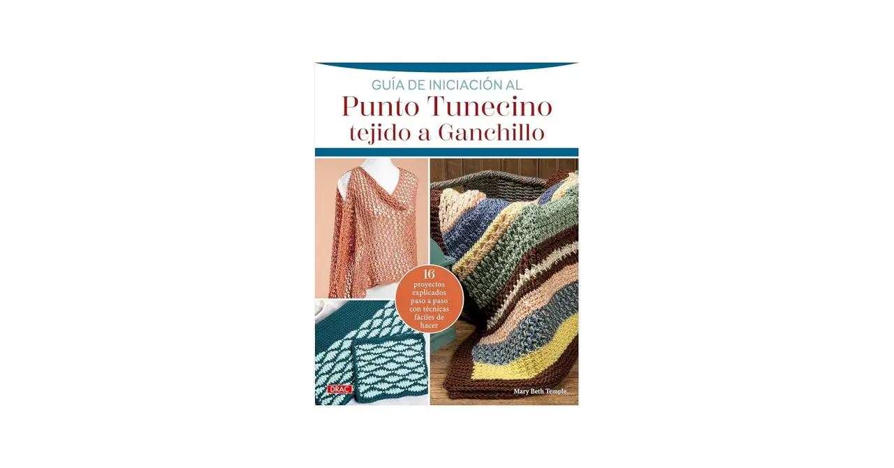 Guía de iniciación al punto tunecino tejido a ganchillo. Muestra un chal color salmón, una manta a rayas y dos muestras de tejido en verde y turquesa.