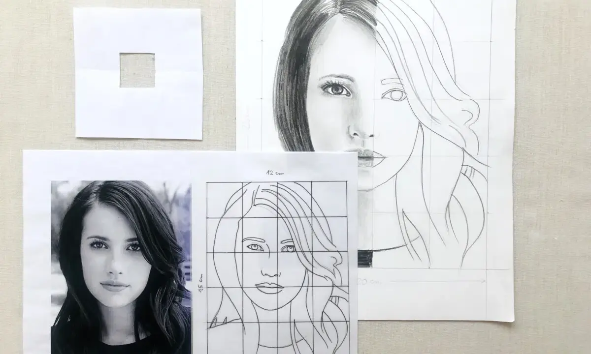 Guida per imparare come fare un ritratto da una foto: foto originale, disegno a griglia e schizzo in corso.