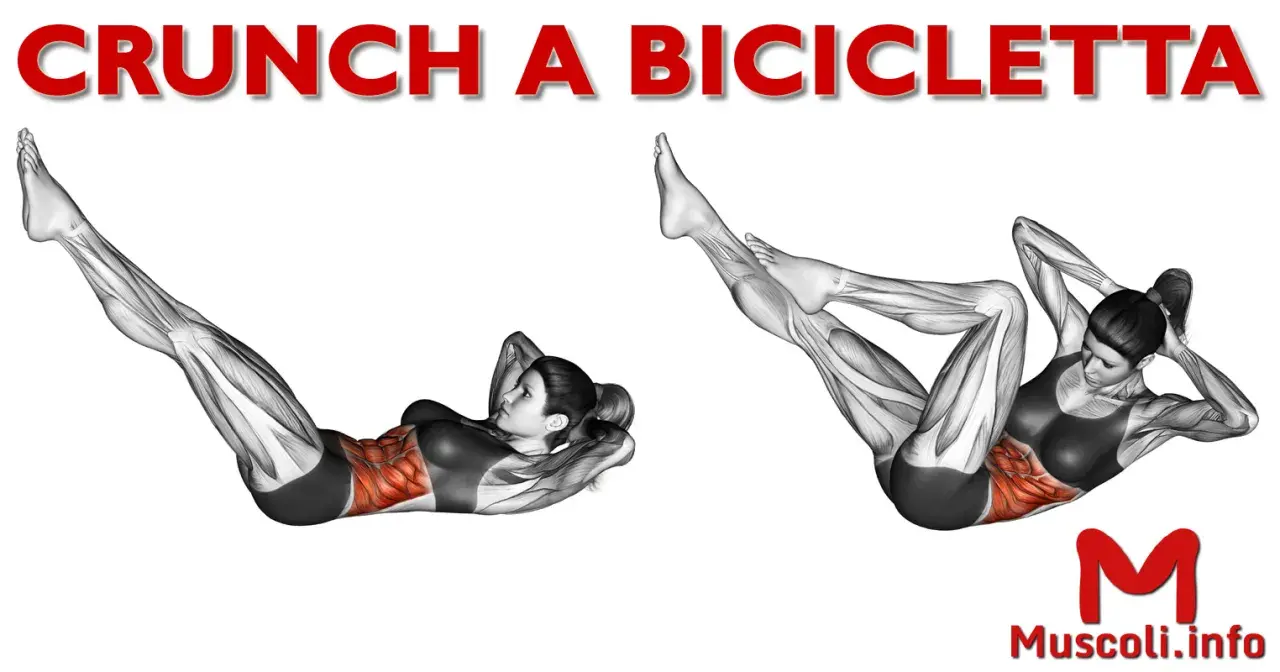 Crunch a bicicletta: dimostrazione dell'esercizio che coinvolge i muscoli addominali, con enfasi sulla definizione.