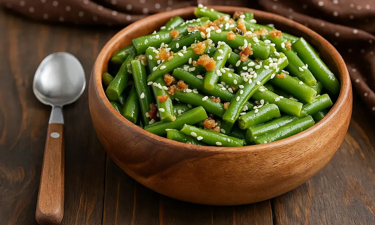 Salade haricots verts croquants, parsemée de graines de sésame et de petits morceaux croustillants. Une cuillère en bois est à côté du bol.