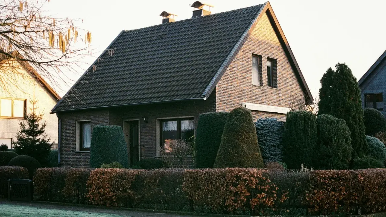 Ein gepflegtes Einfamilienhaus mit Ziegelfassade und dunklem Dach. Die Frage "wie viel kostet ein haus" wird durch die idyllische Szenerie aufgeworfen.