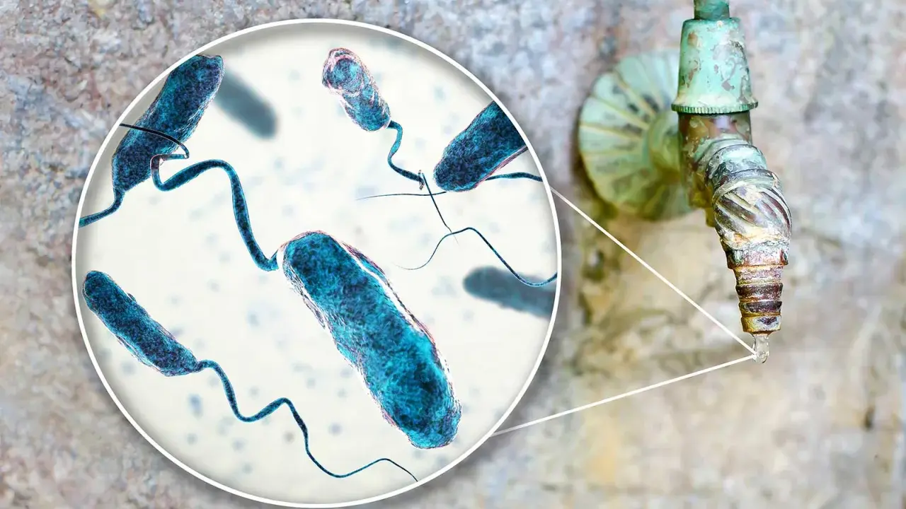 Kolerabakterier syns i förstoring nära en gammal kran, en påminnelse om vikten av vaccin mot kolera.