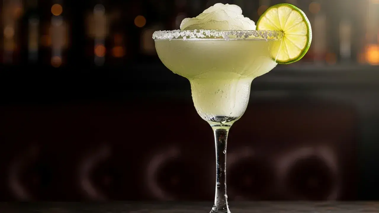 En frostig frozen margarita med saltkant och limeklyfta, perfekt för en varm dag.