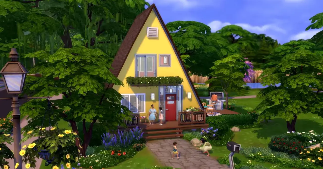 Żółty dom w kształcie litery A, otoczony zielenią. Domy w The Sims 4 bez dodatków mogą wyglądać tak uroczo!