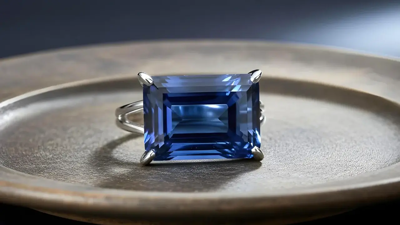 Anello con un magnifico zaffiro blu rettangolare, incastonato su un piatto metallico.
