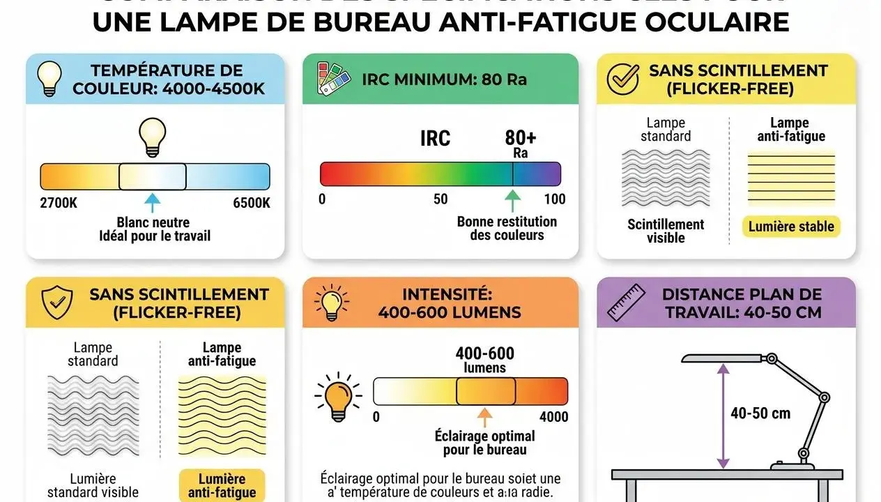 Comparaison des spécifications d'une lampe de bureau anti-fatigue : température de couleur, IRC, absence de scintillement, intensité et distance de travail.