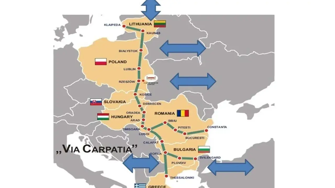 Mapa pokazuje trasę Via Carpatia, łączącą kraje od Litwy przez Polskę, Słowację, Węgry, Rumunię, Bułgarię aż po Grecję.