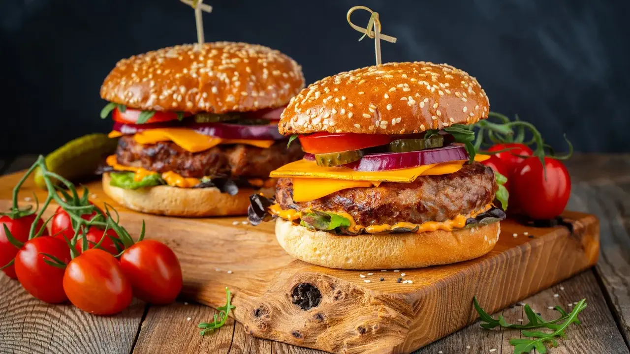 Dwa soczyste burgery z serem, warzywami i piklami na drewnianej desce, obok pomidorków koktajlowych.
