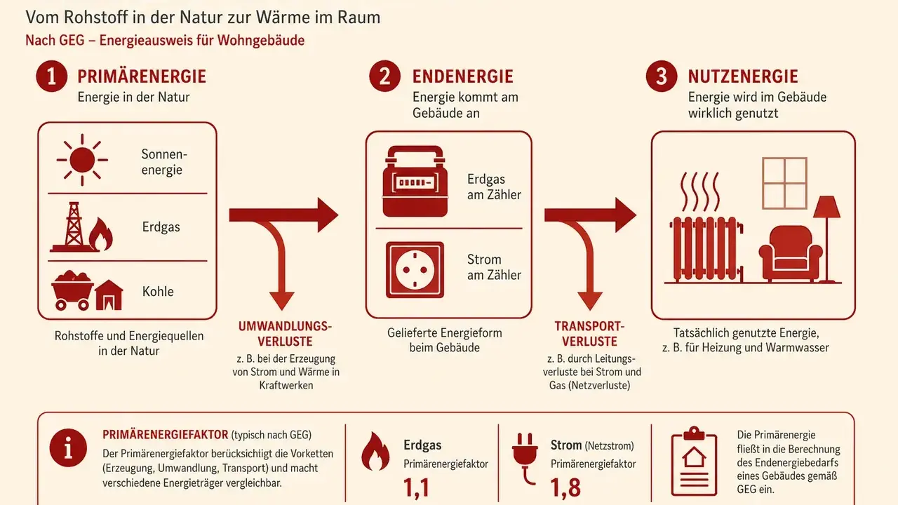 Die Energiekette im Gebäude: Von Rohstoffen zur Nutzung. Primärenergie (Sonne, Gas, Kohle) wird zu Endenergie (Gas, Strom) und dann zu Nutzenergie (Heizung). Primärenergiefaktoren helfen, den Endenergiebedarf zu berechnen.