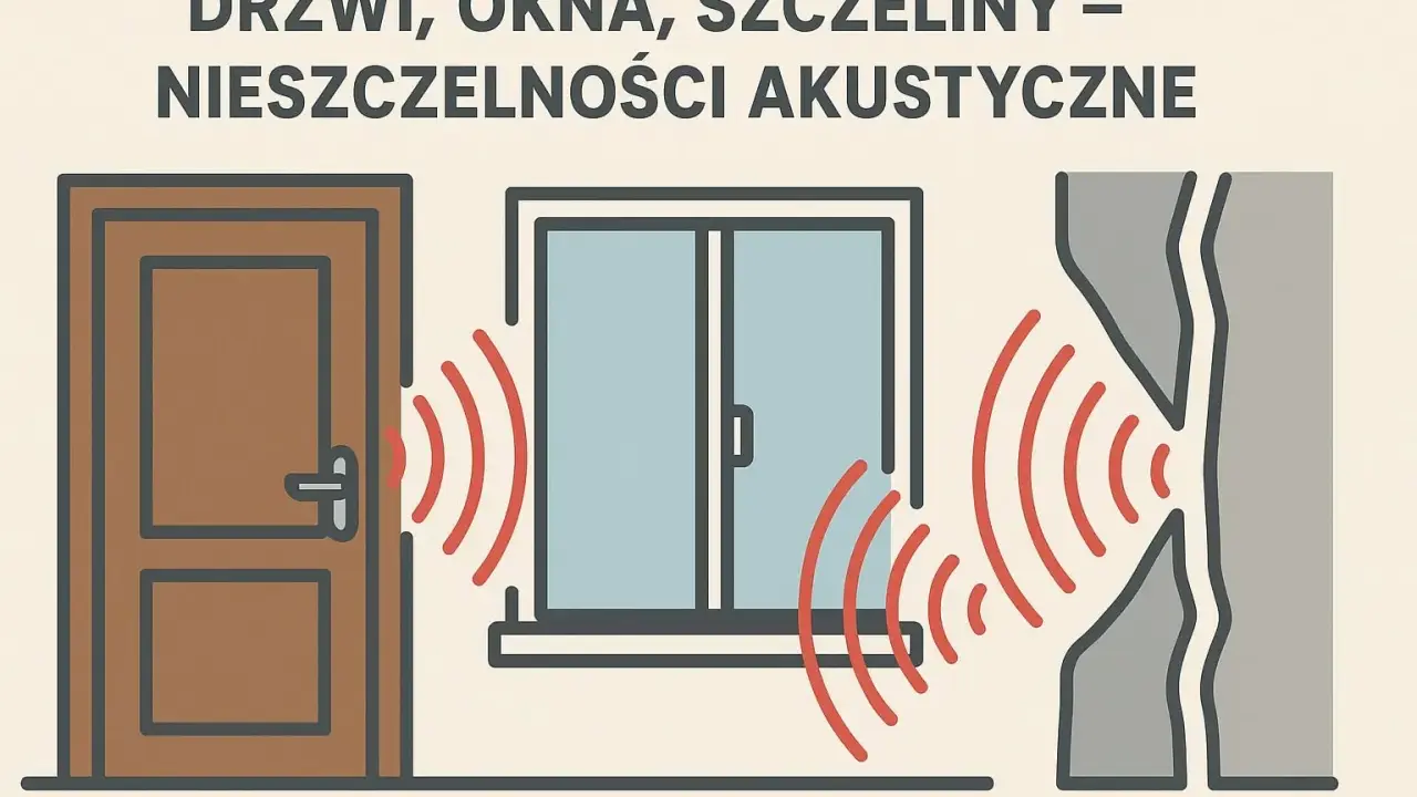 Dźwięk przenika przez szparę między drzwiami a futryną, okno i pęknięcia w ścianie, powodując nieszczelności akustyczne.