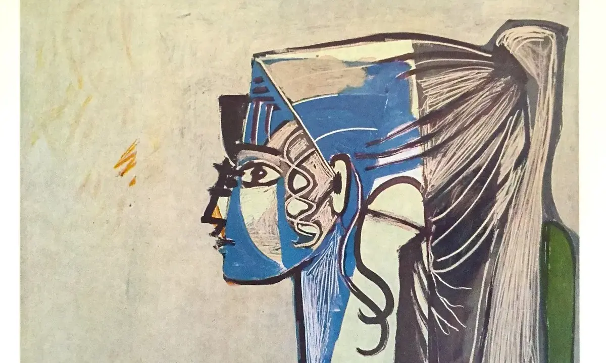 Picasso's portrait of Sylvette David, a striking profile in blue and white with flowing hair.