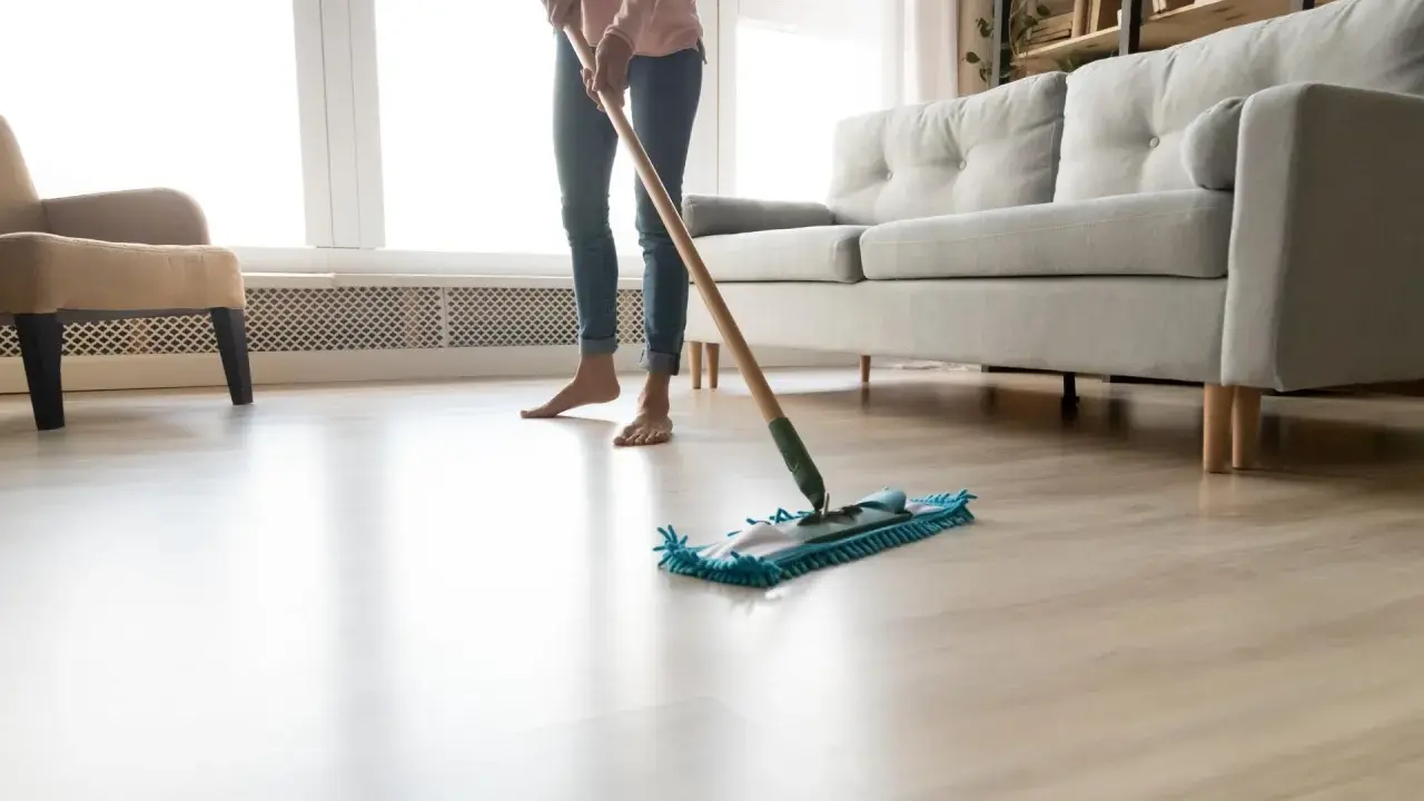 Osoba myje podłogę mopem, zastanawiając się, czym myć panele plastikowe.