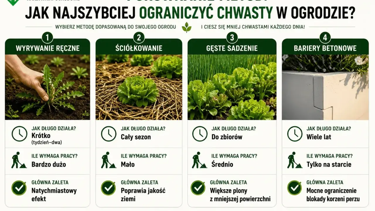 Porównanie metod: ręczne wyrywanie, ściółkowanie, gęste sadzenie i bariery betonowe to domowy sposób na chwasty.