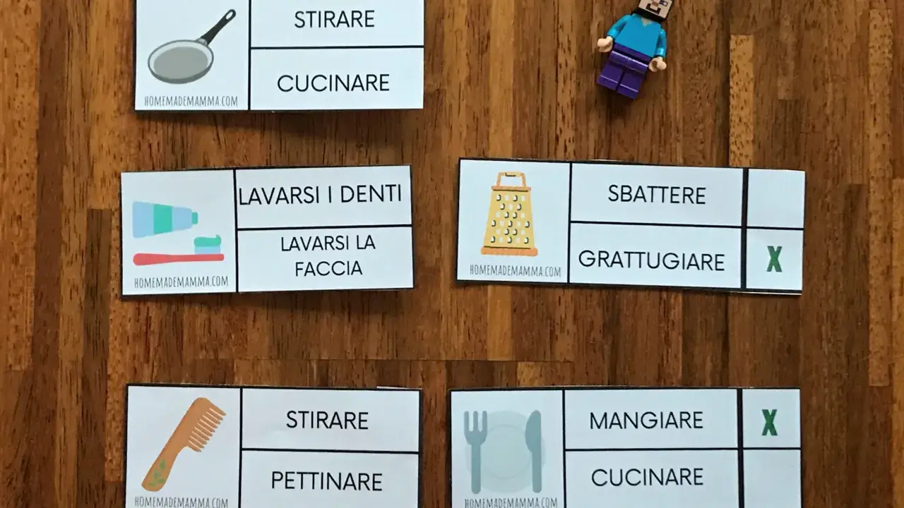 Schede per le azioni classe prima: stirare, cucinare, lavarsi i denti, lavarsi la faccia, sbattere, grattugiare, pettinare, mangiare.