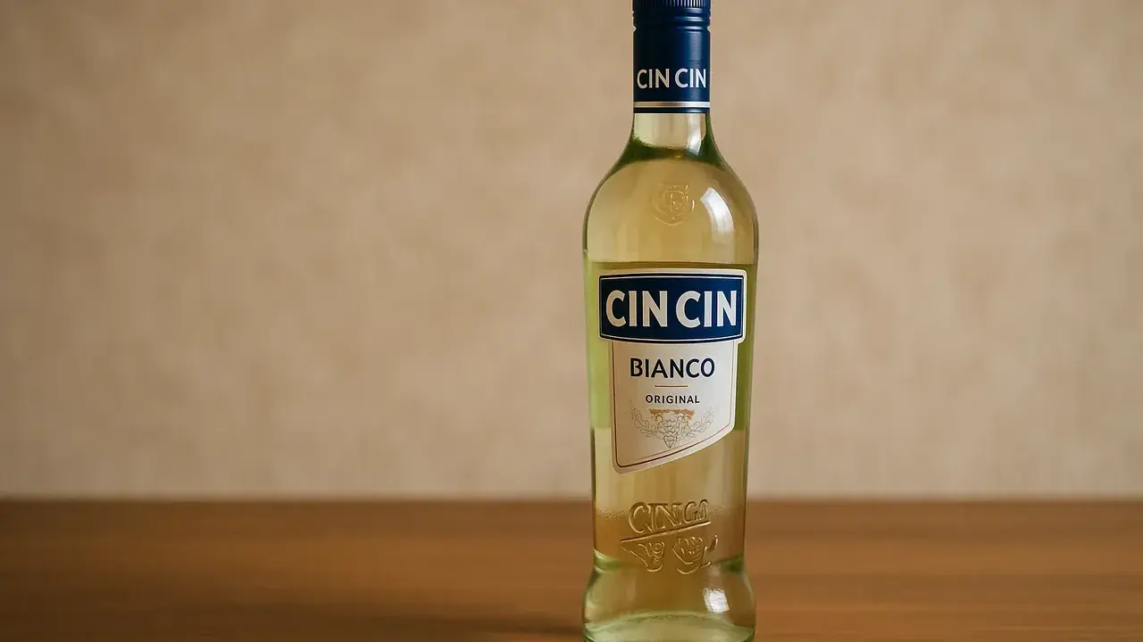 Butelka Cin Cin Bianco Original na drewnianym blacie. Idealna na letnie wieczory.