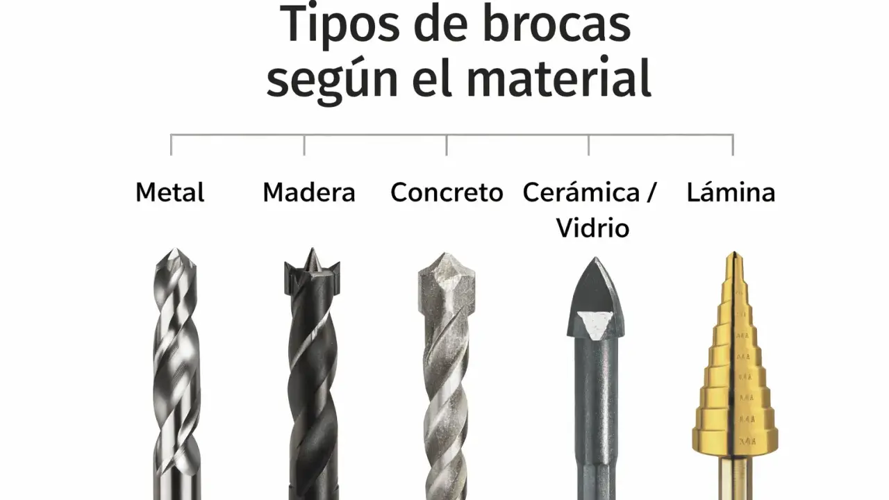 Diferentes tipos de brocas para metal, madera, concreto, cerámica/vidrio y lámina.