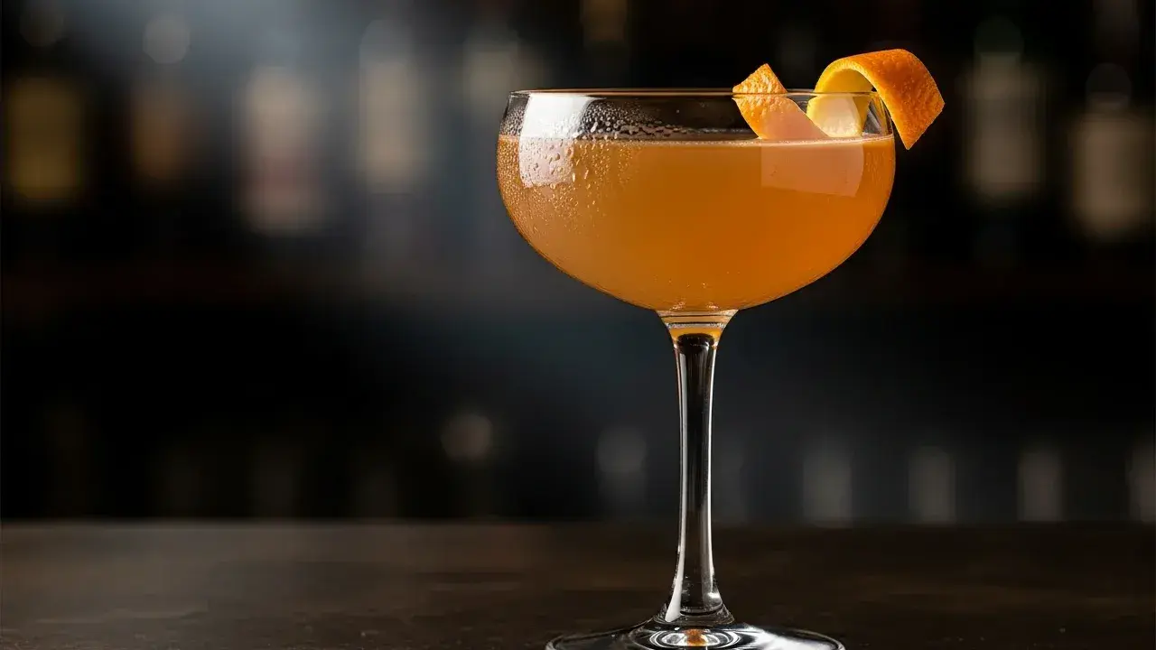 En elegant el presidente cocktail med apelsinzest på en mörk bardisk, med suddiga flaskor i bakgrunden.
