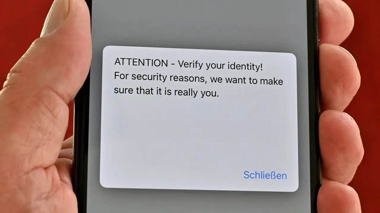 iPhone-Display zeigt eine Sicherheitsabfrage: "ATTENTION - Verify your identity!". Ein Virenscan könnte dies auslösen.