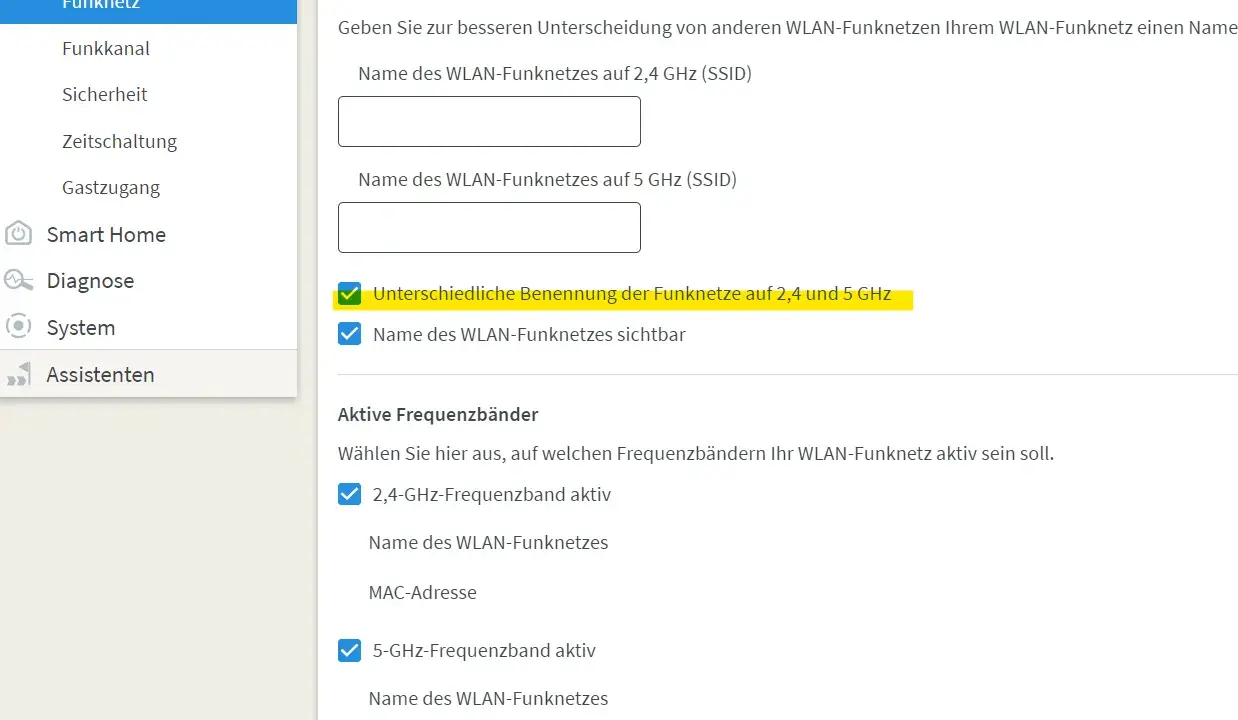 Einstellungen für WLAN-Funknetze: Hier können Sie das 5ghz wlan einstellen und die Namen für 2,4 und 5 GHz Funknetze festlegen.