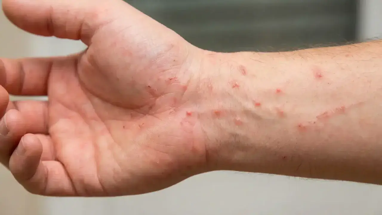 Pelle arrossata e irritata sul polso, con piccole pustole e graffi, sintomi di dermatiti da acaro.