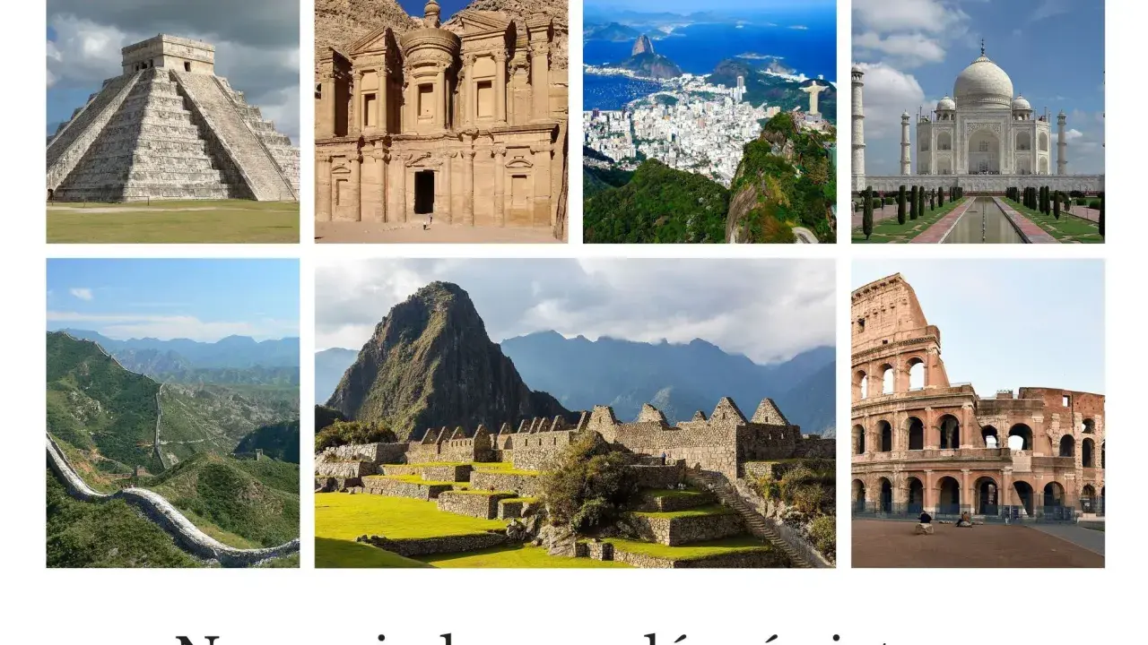 Siedem cudów świata: piramida Chichen Itza, Petra, Rio de Janeiro, Tadź Mahal, Wielki Mur Chiński, Machu Picchu, Koloseum.