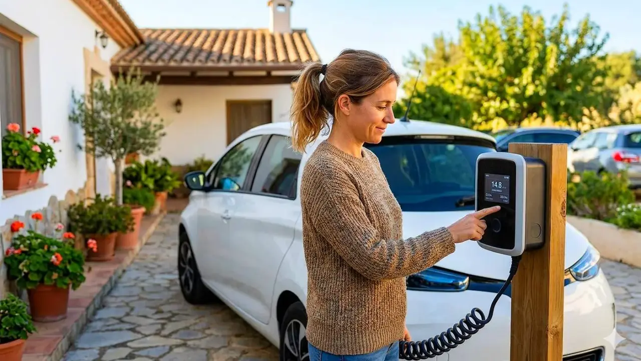 Mujer interactúa con cargador de coche eléctrico, preparándose para el futuro del transporte, quizás con un plan auto plus 2026 boe.