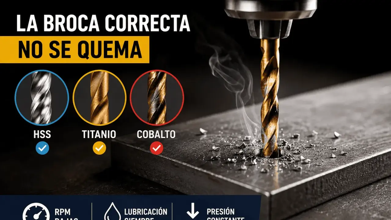 Broca HSS para que sirve: la broca correcta no se quema. Muestra brocas HSS, titanio y cobalto.