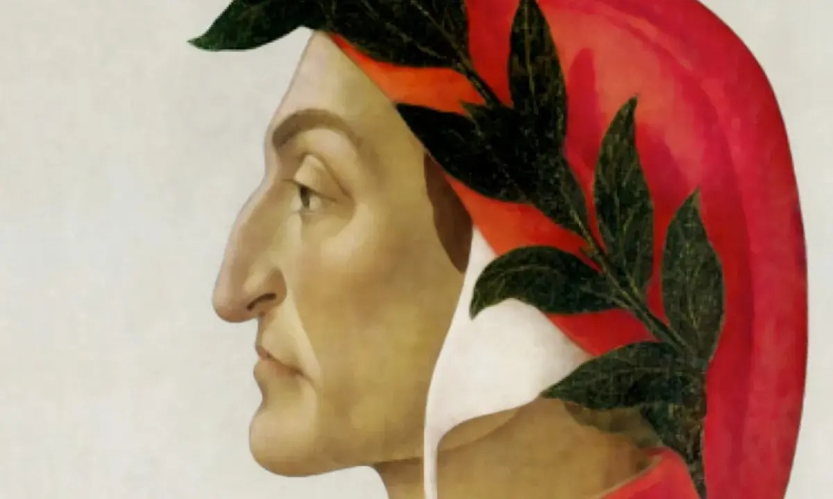 Ritratto di Dante Alighieri con corona d'alloro, un monito: "lasciate ogni speranza o voi che entrate".