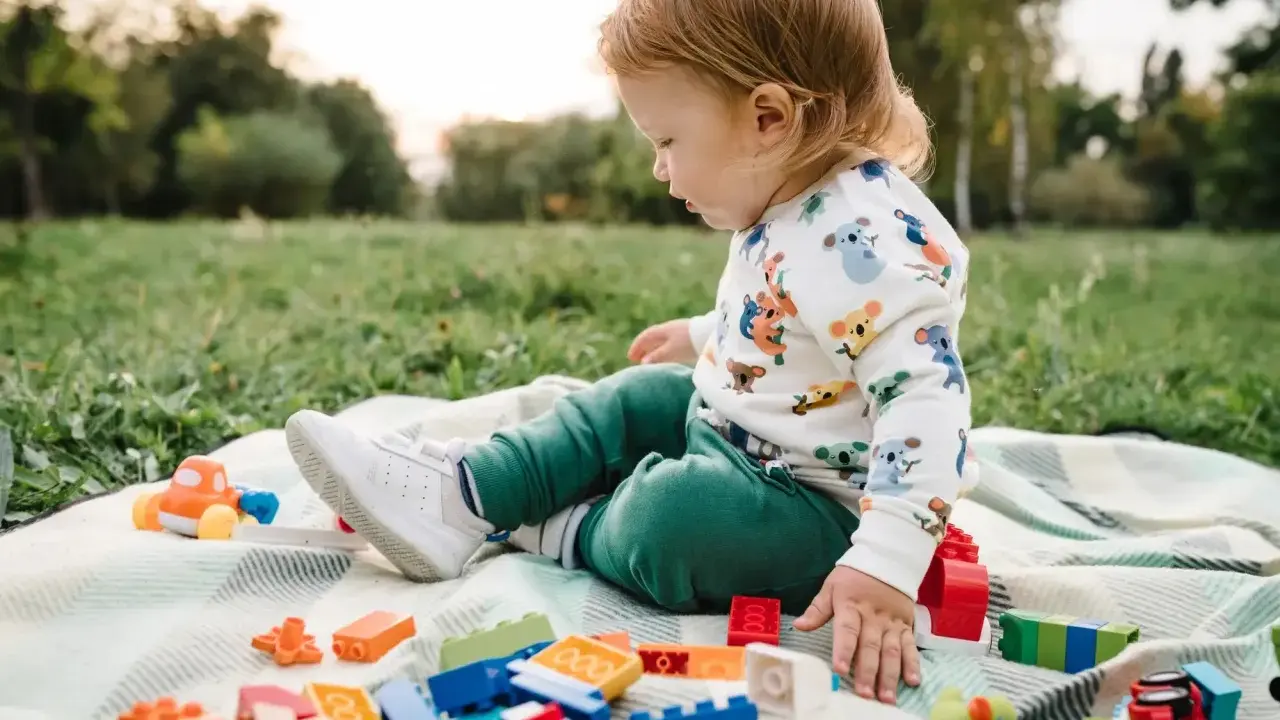 Un niño pequeño juega con bloques de construcción y un coche de juguete en el césped, disfrutando de actividades para niños de 2 a 3 años.