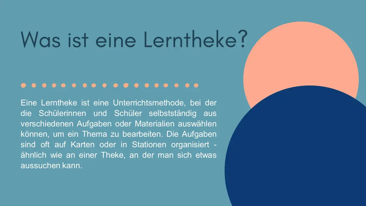 Eine Lerntheke ist eine Unterrichtsmethode, bei der Schüler selbstständig Aufgaben auswählen. Ähnlich wie an einer Theke, an der man sich etwas aussuchen kann.