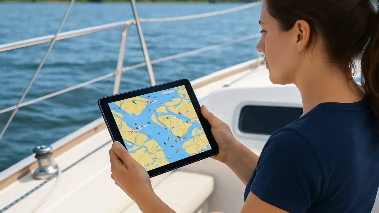 Une femme sur un voilier consulte une tablette affichant une carte marine avec des informations de trafic AIS français.