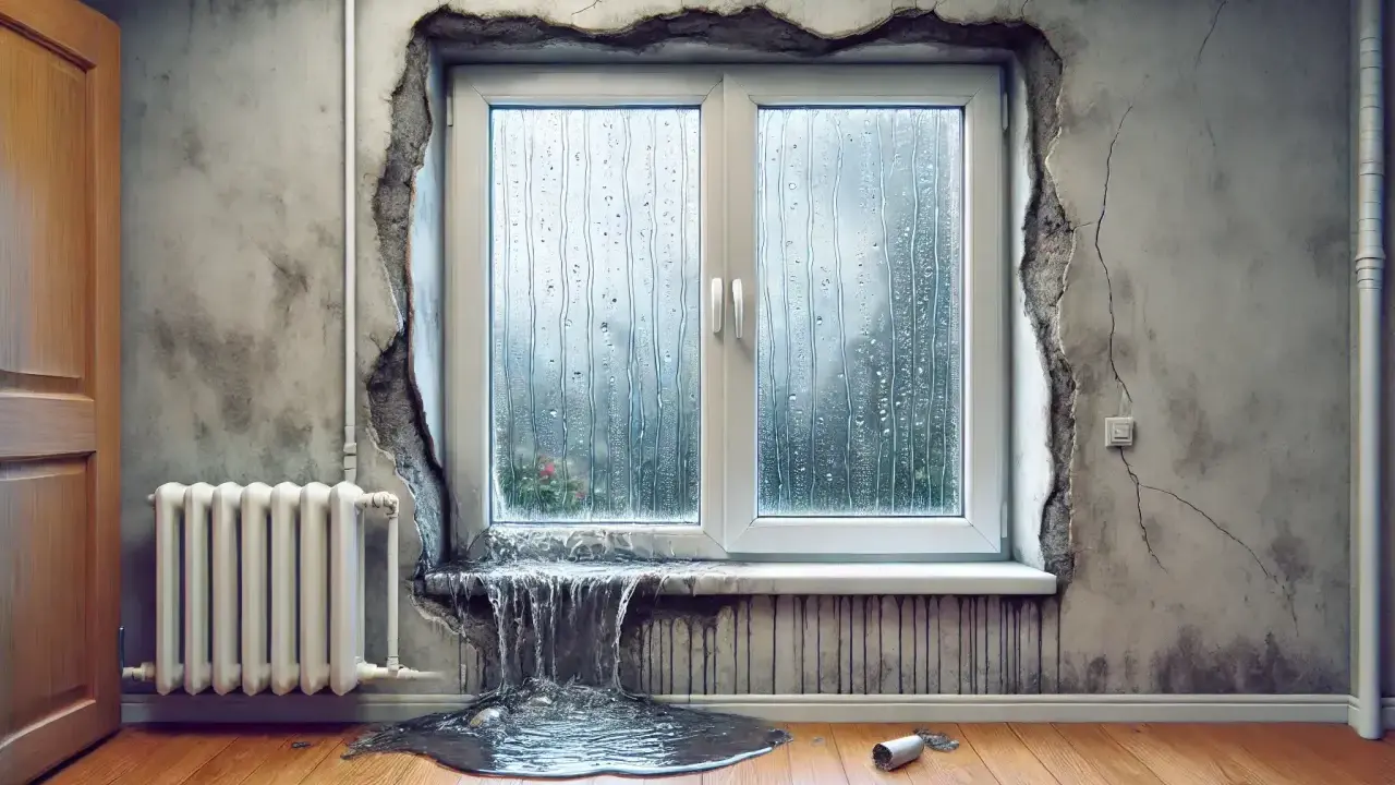 Una ventana con goteras y agua acumulada en el alféizar, evidenciando la falta de estanqueidad al agua en las ventanas.
