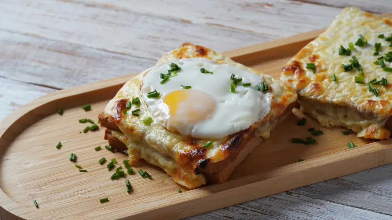 Croque monsieur con huevo frito y cebollino, un delicioso sándwich gratinado.