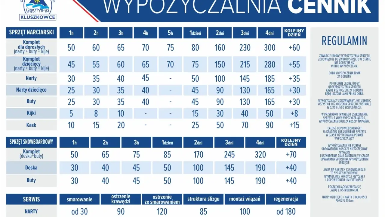Tabela z cennikiem wypożyczalni sprzętu narciarskiego i snowboardowego.