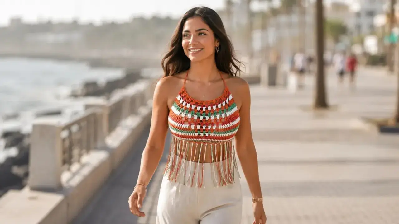 Mujer sonriente pasea por el paseo marítimo con un llamativo crop top a crochet con flecos.