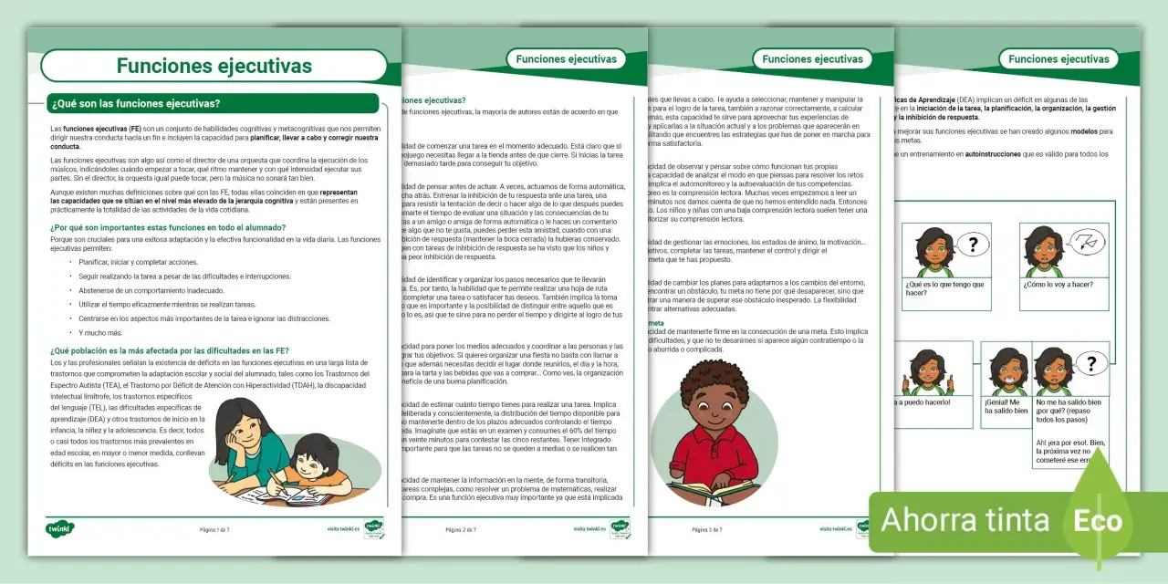 Ilustración sobre funciones ejecutivas en niños, con viñetas que explican qué son y su importancia.