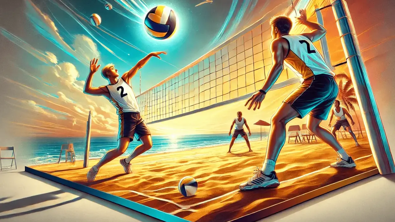 Dynamiczne przejścia w siatkówce na plaży. Gracze w akcji, piłka w powietrzu, zachód słońca.