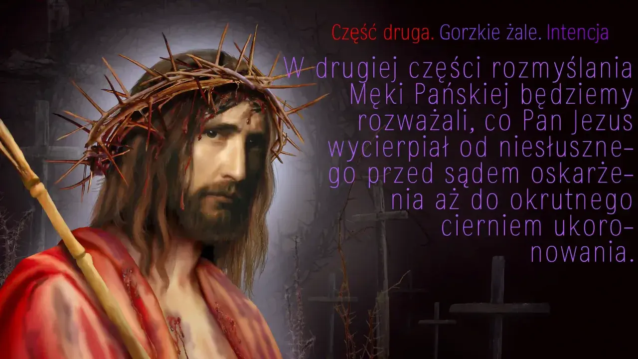 Jezus w koronie cierniowej, z krwawymi ranami, niesie krzyż. W drugiej części rozmyślania o Męce Pańskiej, z tej biednej ziemi tekst mówi o niesłusznym oskarżeniu i cierpieniu.