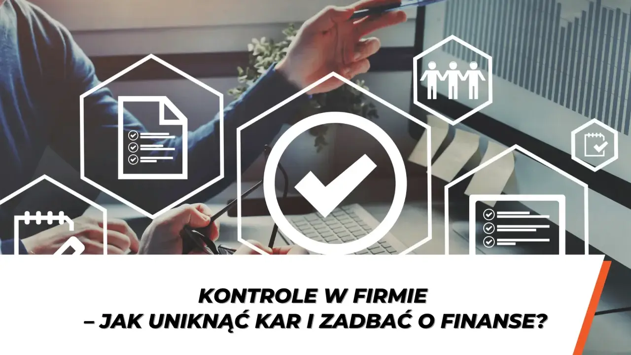 Przedsiębiorca analizuje dane, by uniknąć kontroli i zadbać o finanse firmy. Ikony symbolizują dokumenty, zespół i kalendarz.