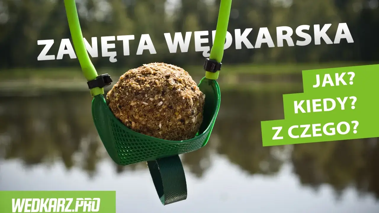 Kula zanęty wędkarskiej 5 kg w zielonej łopatce, gotowa do zarzucenia. W tle woda i drzewa.
