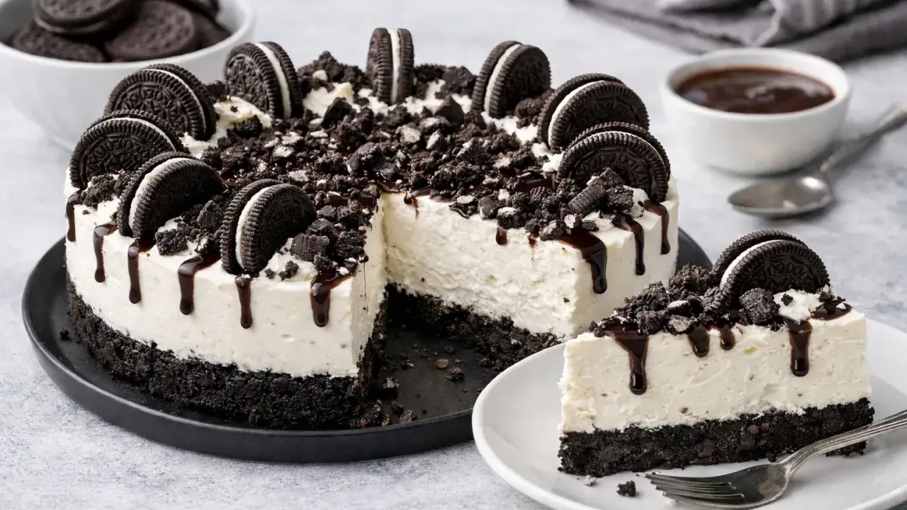 Gâteau au fromage crémeux, garni de biscuits Oreo et de sauce au chocolat. Un délice avec son fond de gâteau croustillant sans cuisson.