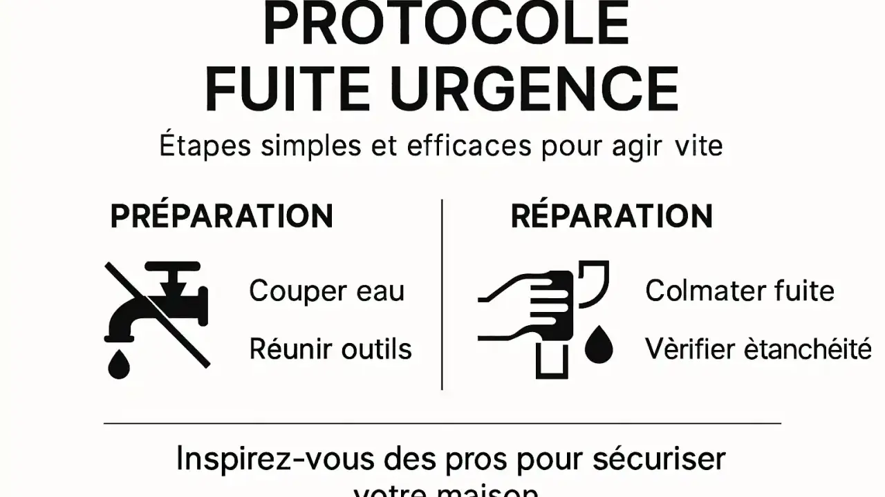 Protocole d'urgence pour colmater une fuite d'eau : préparation (couper l'eau, réunir outils) et réparation (colmater, vérifier l'étanchéité).