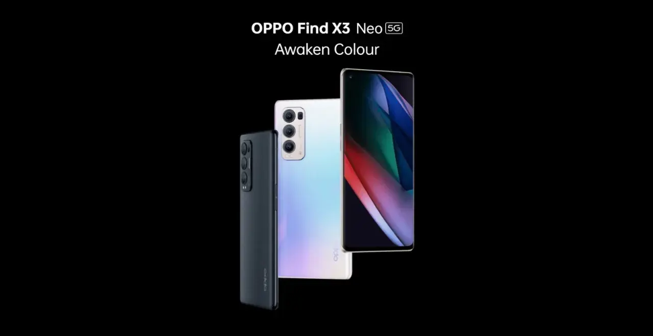 Dwa telefony OPPO Find X3 Neo w kolorach czarnym i perłowym, jeden z nich wyświetla abstrakcyjny wzór.