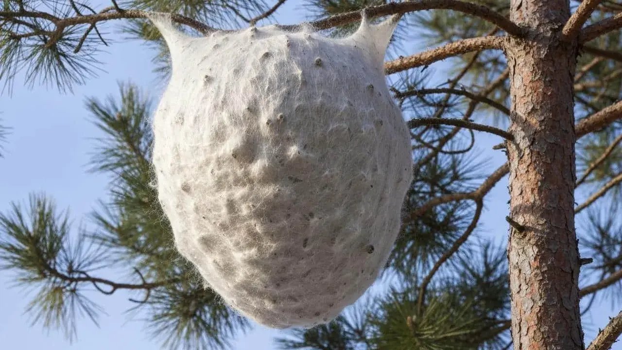 Gros nid blanc de chenilles processionnaires sur une branche de pin. Que faire face à ce danger ?
