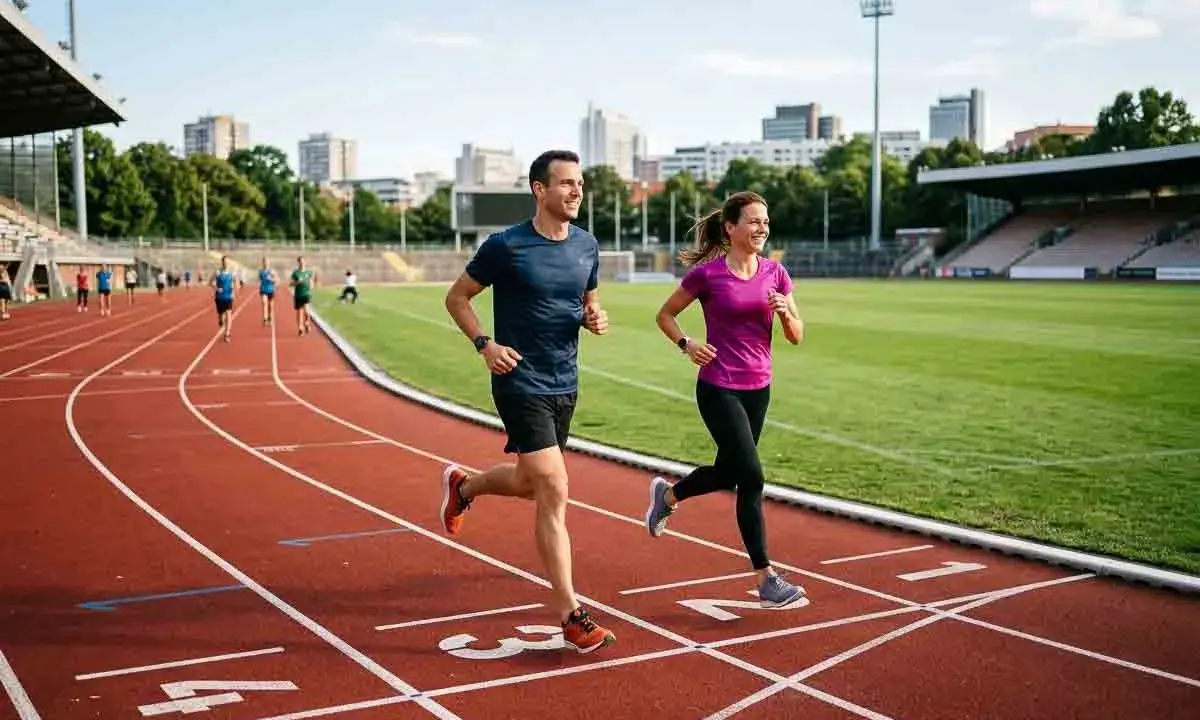 Ein Mann und eine Frau absolvieren ein intensives Schwellentraining Laufen auf einer Leichtathletikbahn. Sie lächeln, während sie nebeneinander rennen.