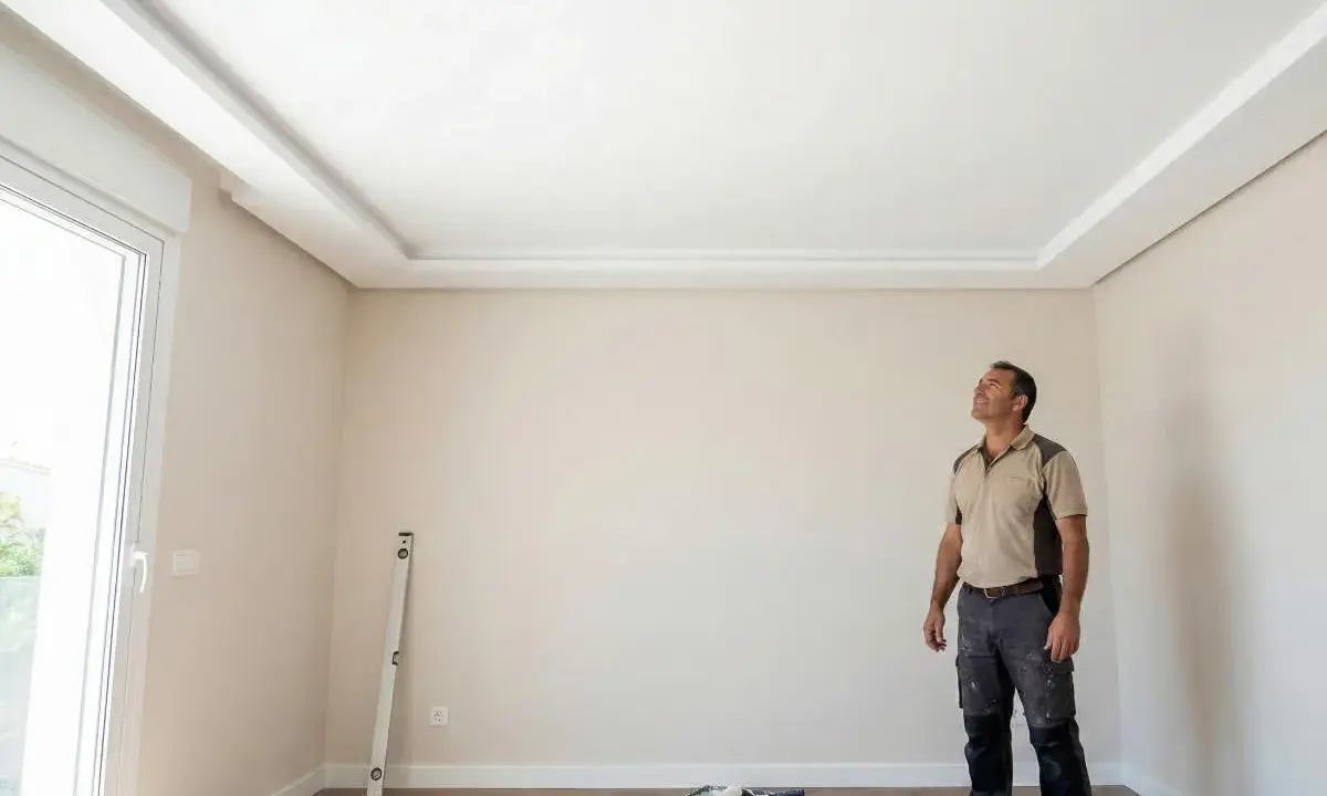 Un hombre admira el nuevo pladur techo con molduras decorativas.